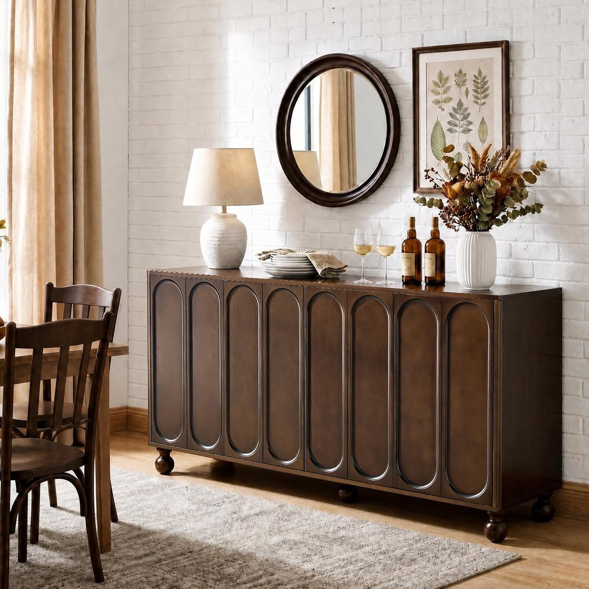 60" Dark Walnut Sideboard Cabinet with 3D Arched Doors, Adjustable Shelves, Modern TV Stand & Storage Console for Living Room, Dining Room