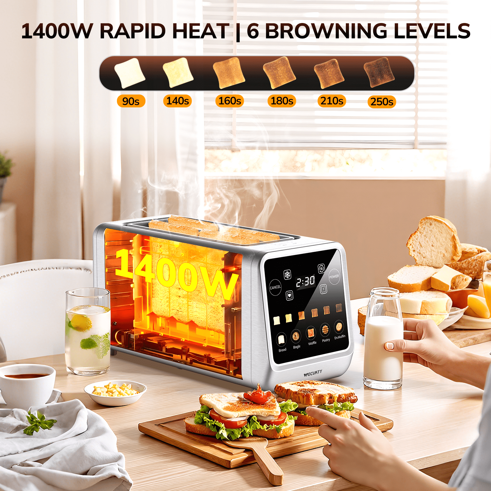 4 Slice Toaster with Digital Touchscreen & 1-Touch Memory, Smart Toasters for Bagels & Artisan Bread All-in-One Defrost, Reheat & Single-Slice Modes