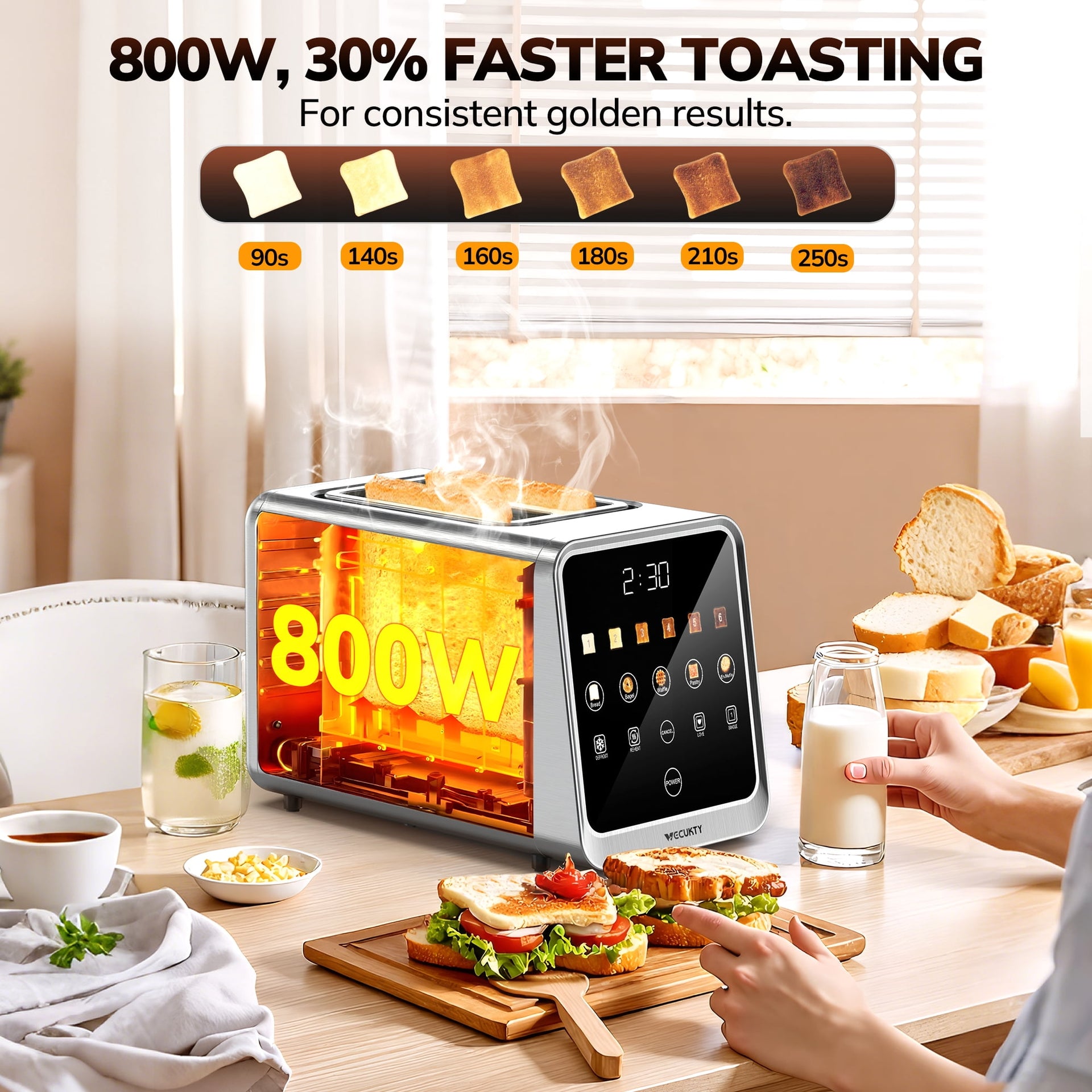 Digital 2 Slice Toaster, Dual Control Panel Smart Toaster with TouchScreen, Single Slot Toasting, Reheat & Defrost for Bagels, Bread, Waffles