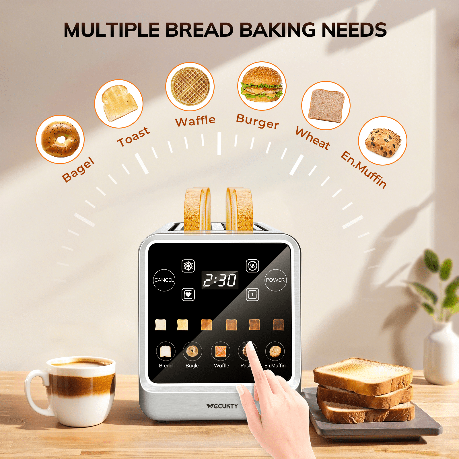 4 Slice Toaster with Digital Touchscreen & 1-Touch Memory, Smart Toasters for Bagels & Artisan Bread All-in-One Defrost, Reheat & Single-Slice Modes
