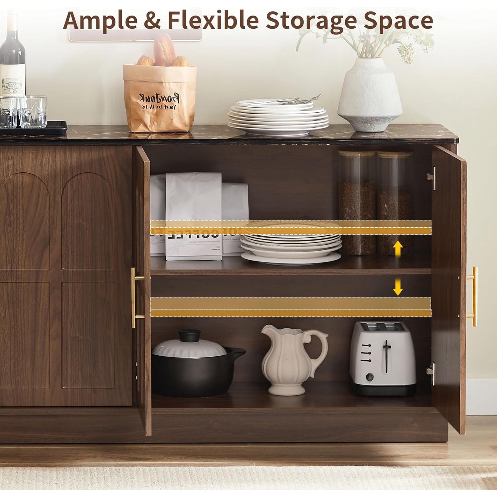 66.5" Sideboard Buffet Cabinet with Storage, Modern Credenza with Arched Doors, Wood Accent Cabinet for Living Room, Entryway, Dining Room Storage