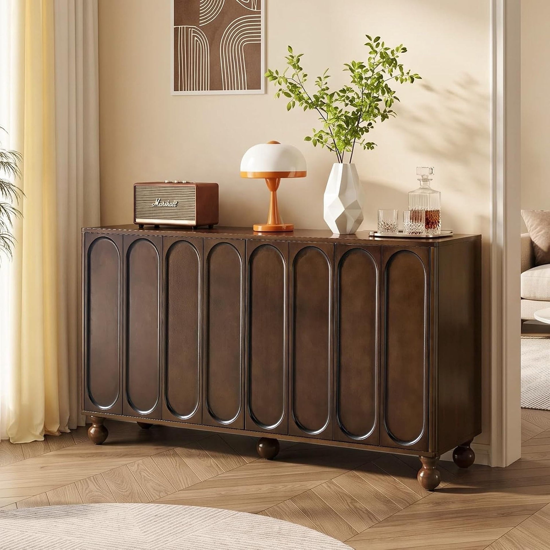 60" Dark Walnut Sideboard Cabinet with 3D Arched Doors, Adjustable Shelves, Modern TV Stand & Storage Console for Living Room, Dining Room