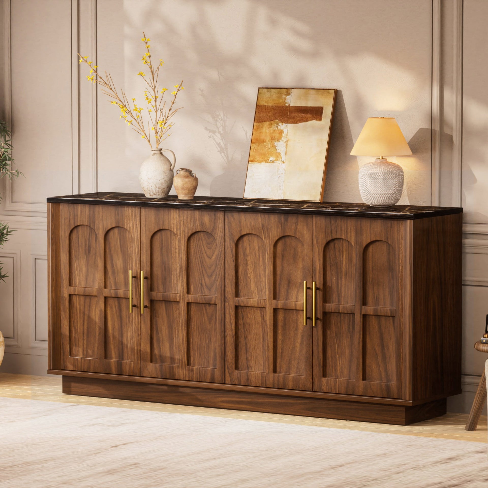 66.5" Sideboard Buffet Cabinet with Storage, Modern Credenza with Arched Doors, Wood Accent Cabinet for Living Room, Entryway, Dining Room Storage
