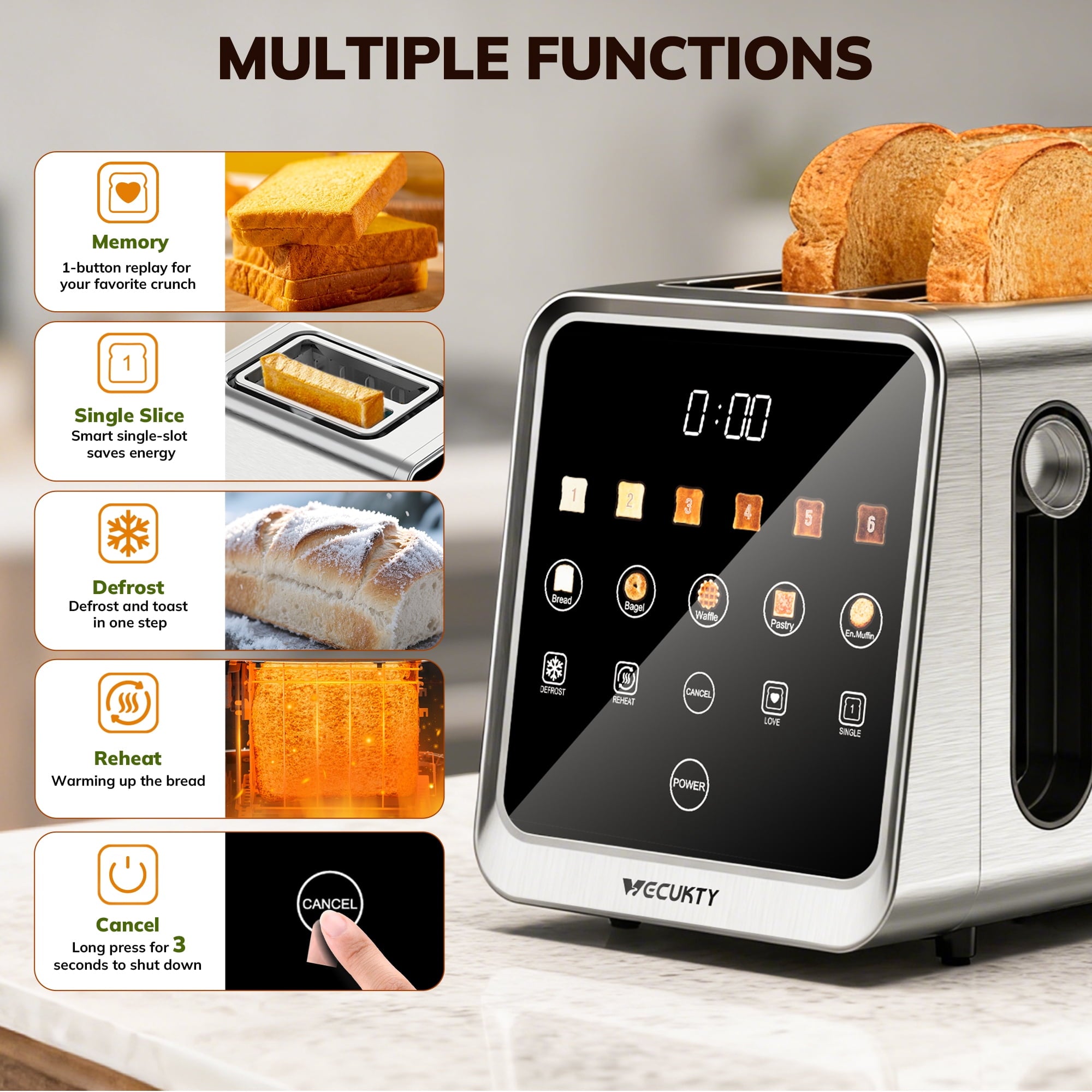 Digital 2 Slice Toaster, Dual Control Panel Smart Toaster with TouchScreen, Single Slot Toasting, Reheat & Defrost for Bagels, Bread, Waffles