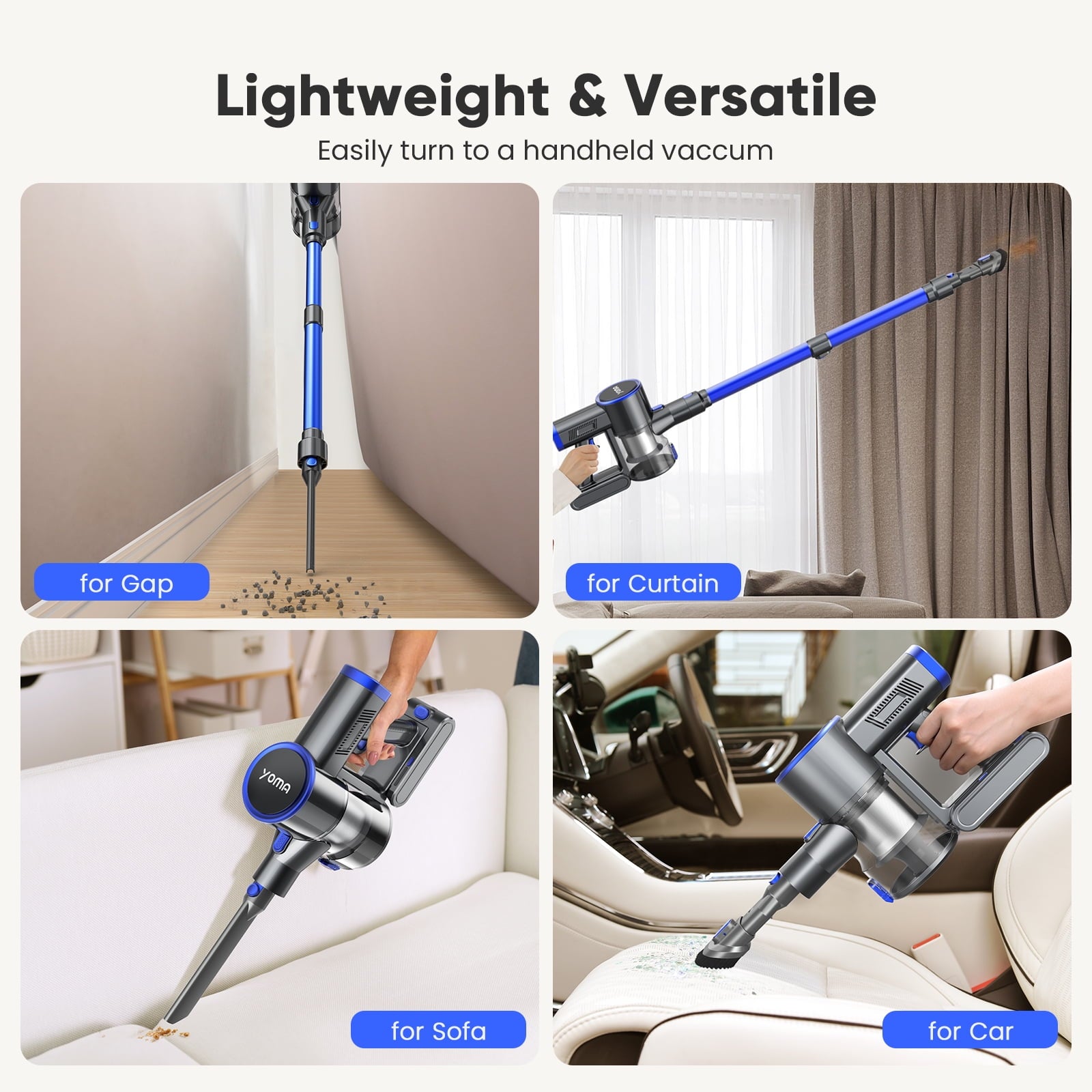 YOMA Cordless Vacuum Cleaner, 6-in-1 Rechargeable Stick Vacuum, 60mins Max Runtime, Lightweight 2200mAh Battery Powerful Vacuum Cleaner for Home Hard Floor Pet Hair-N12