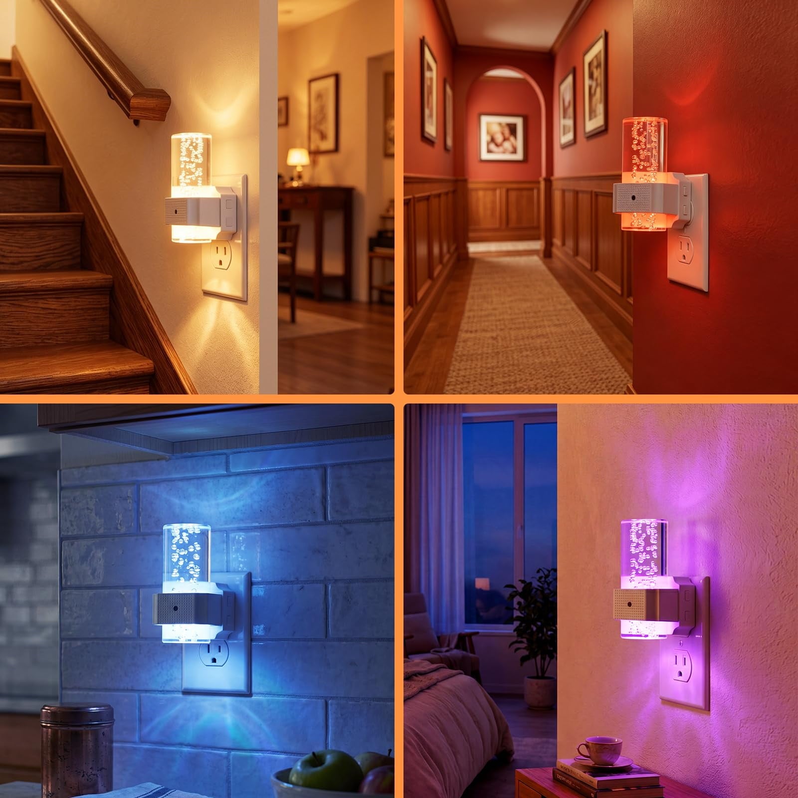 Plug in Night Light, 2 Pack LED Night Lights with Dusk to Dawn Sensor, RGB & 3000K Warm White, 4-Level Adjustable Brightness, Acrylic Bubble Design Nightlight for Bedroom, Bathroom, Hallway