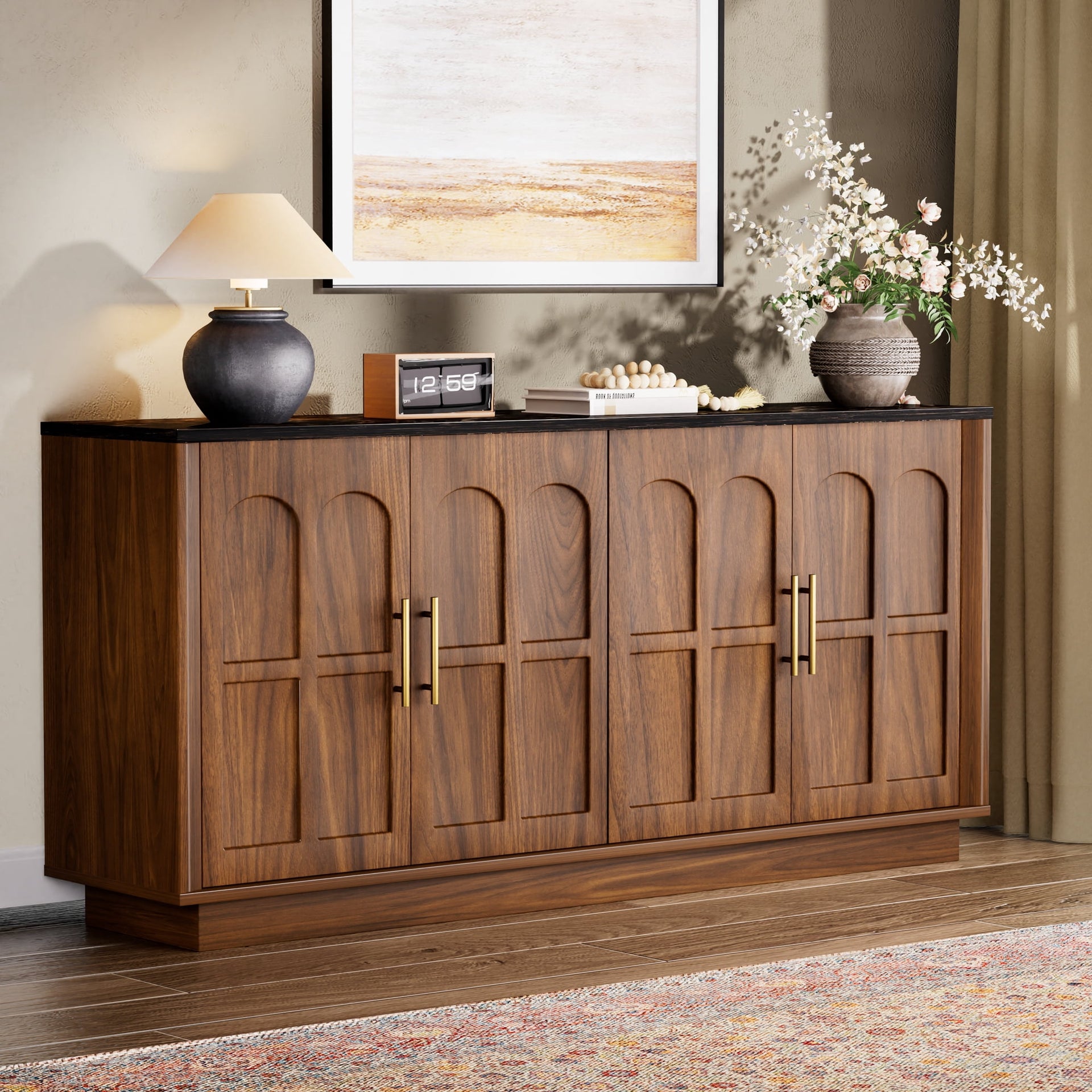 66.5" Sideboard Buffet Cabinet with Storage, Modern Credenza with Arched Doors, Wood Accent Cabinet for Living Room, Entryway, Dining Room Storage