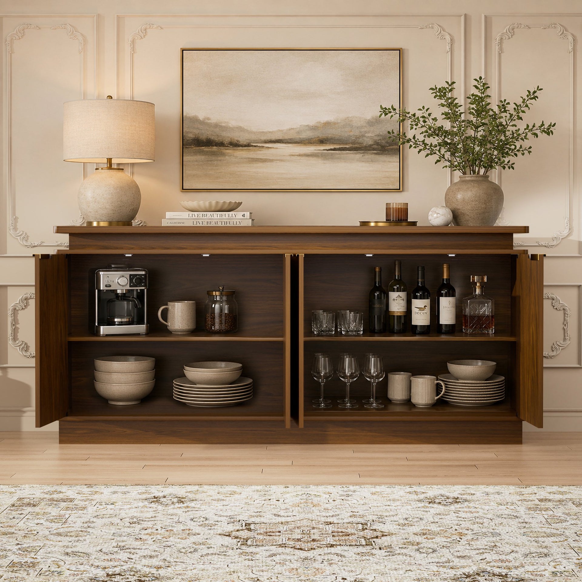 LKTART 66" Modern Sideboard Storage Cabinet with LED Lights, Walnut