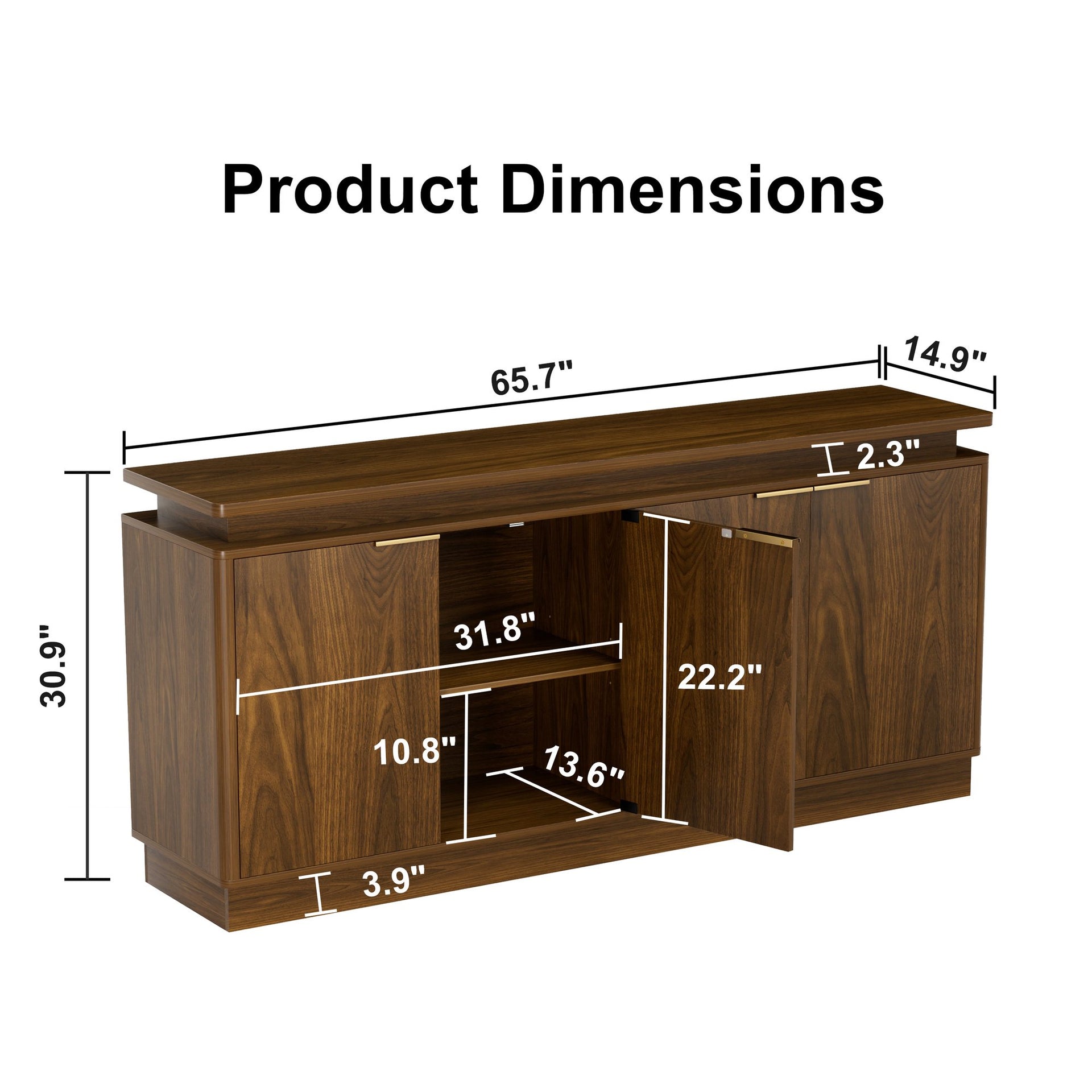 LKTART 66" Modern Sideboard Storage Cabinet with LED Lights, Walnut