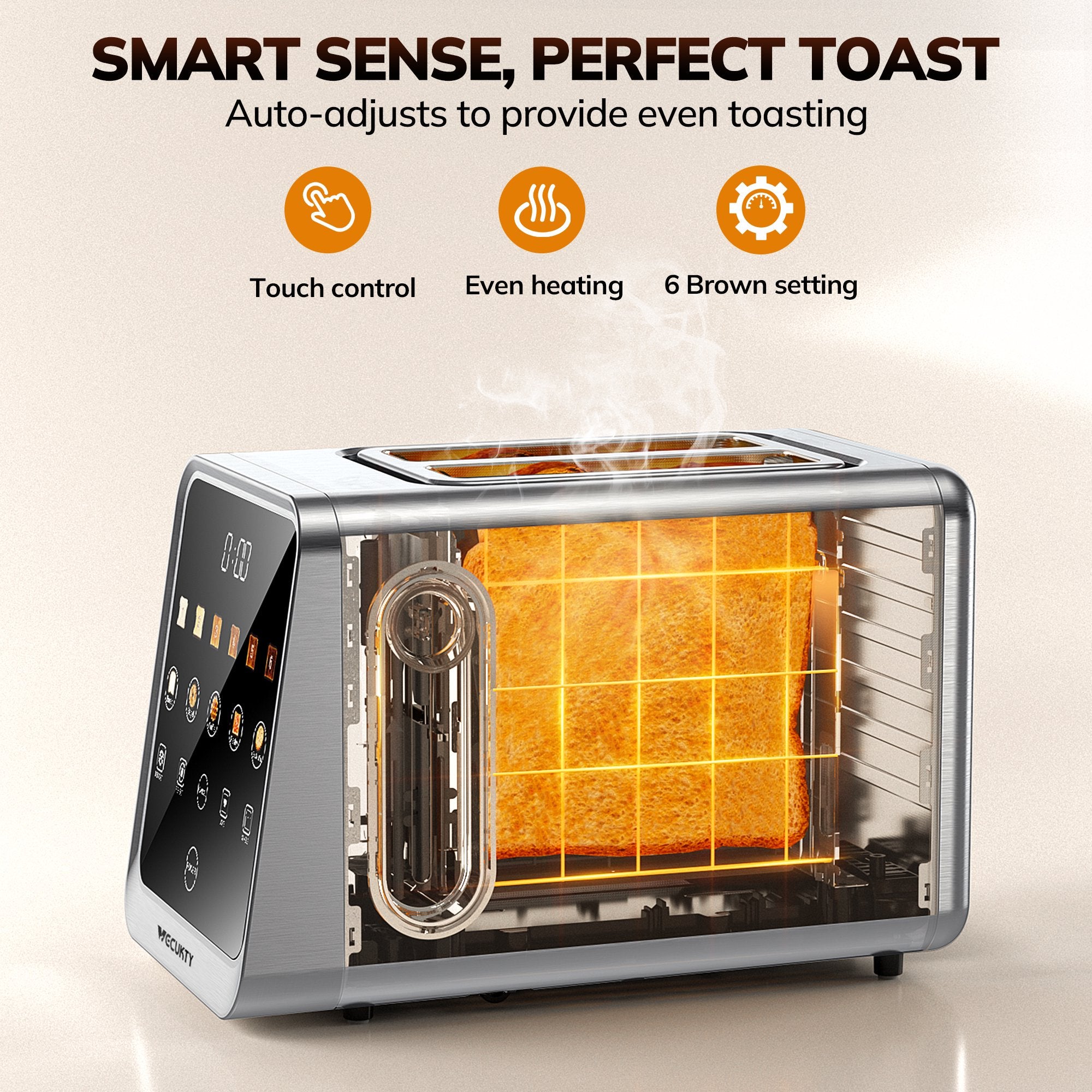 Digital 2 Slice Toaster, Dual Control Panel Smart Toaster with TouchScreen, Single Slot Toasting, Reheat & Defrost for Bagels, Bread, Waffles