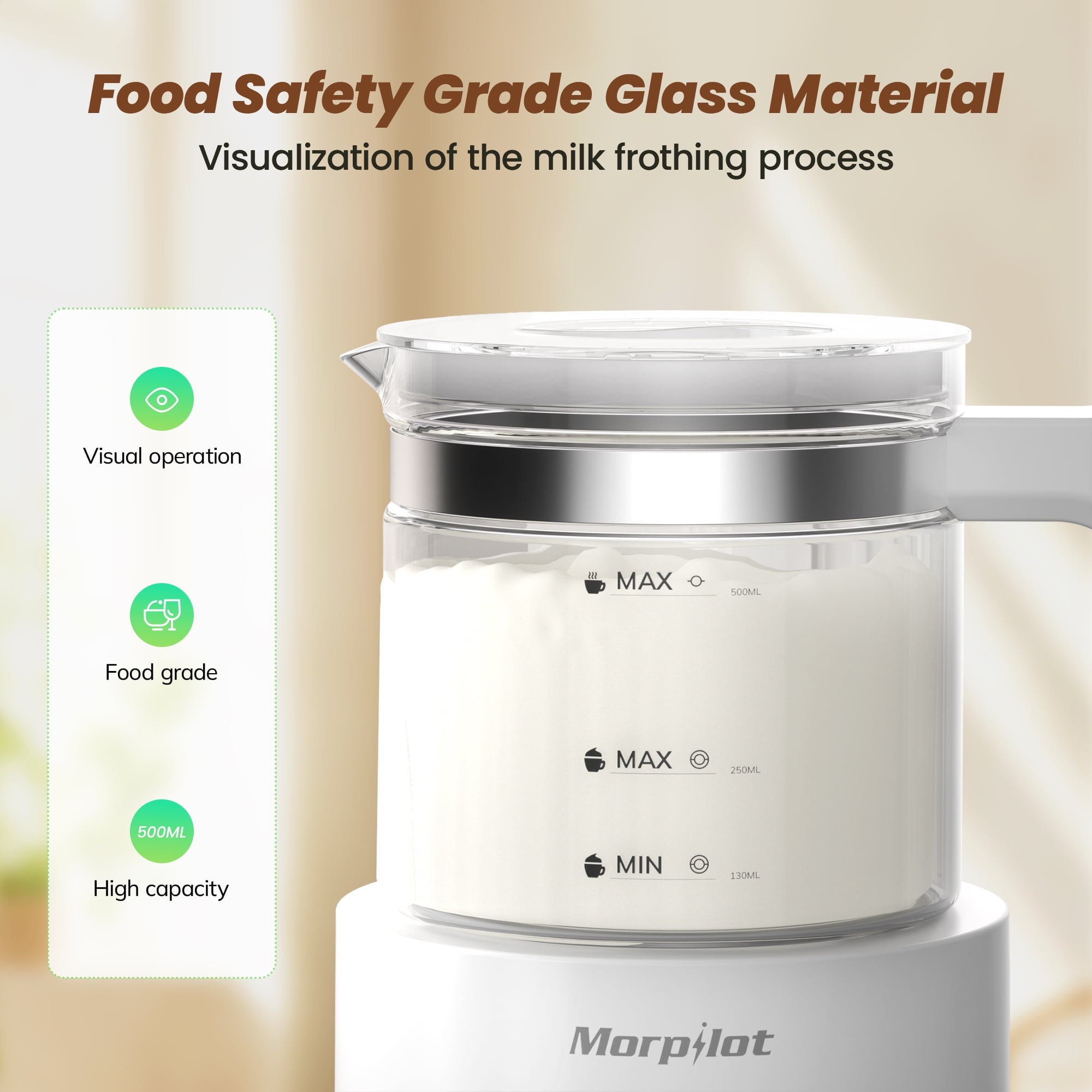 Electric Milk Frother, 500ML Automatic Frother in Glass, Milk Steamer, Apartment Essentials Must Haves, Foam Maker for Espresso, Coffee, Latte Cappuccino, Macchiato, Hot Chocolate